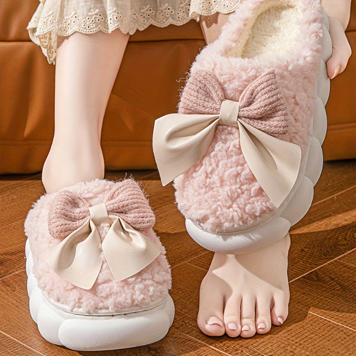 Winter Warm Plush Slippers - 1 Pair Women's Casual Solid Color Bowknot Indoor House Shoes - Thick Sole Non-Slip with Superfine Fiber Insole and TPU Sole