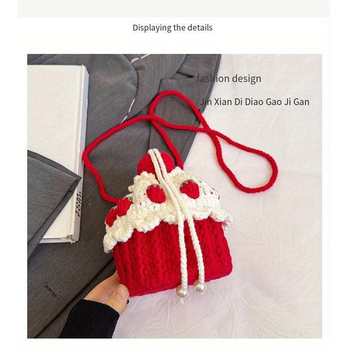Handmade Strawberry Cake Knit Bucket Bag – Red & White Crochet Shoulder Messenger Bag with Drawstring Closure, Sweet Design for Women