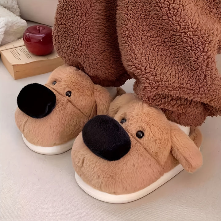 [Cute Cartoon Dog Slippers] Cute Cartoon Dog Slippers - 1 Pair Warm Plush Winter Indoor Footwear, EVA Sole, Round Toe Slip-On for Fall/Winter