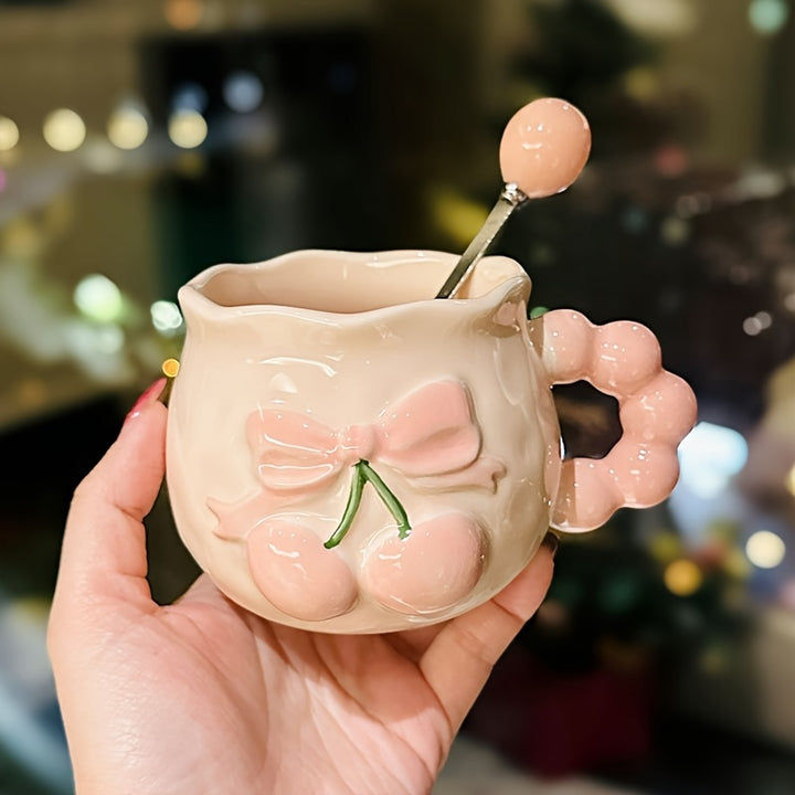 1pc Vintage Embossed Cherry Ceramic Mug with Spoon Pink Girl's Heart Office Coffee Cup, Suitable for Coffee, Juice, Beverage, Milk