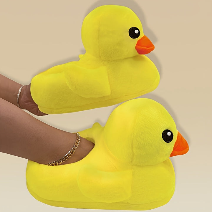 Cute Yellow Duck Plush Indoor Slippers for Women - Soft & Cozy Cartoon Design, Warm Winter Home Shoes with Fabric Upper and Sole, Easy Slip-On Style, House Slippers
