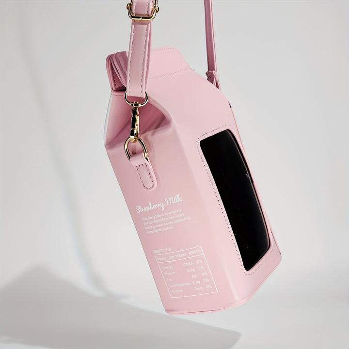 Strawberry Milk Carton Crossbody Bag - Cute Pink PU Shoulder Bag with Adjustable Strap, Zipper Closure, and Playful Cow Print Design for Travel & Everyday Use, Cow Print Purse