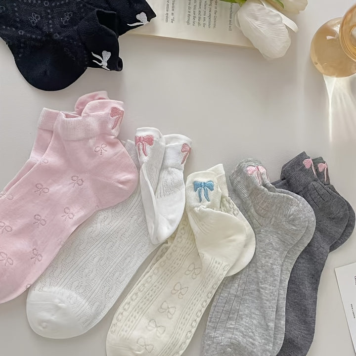 3pcs Cute Bowknot Ankle Socks for Women - Breathable & Comfortable Polyester Blend, Perfect for Spring & Summer