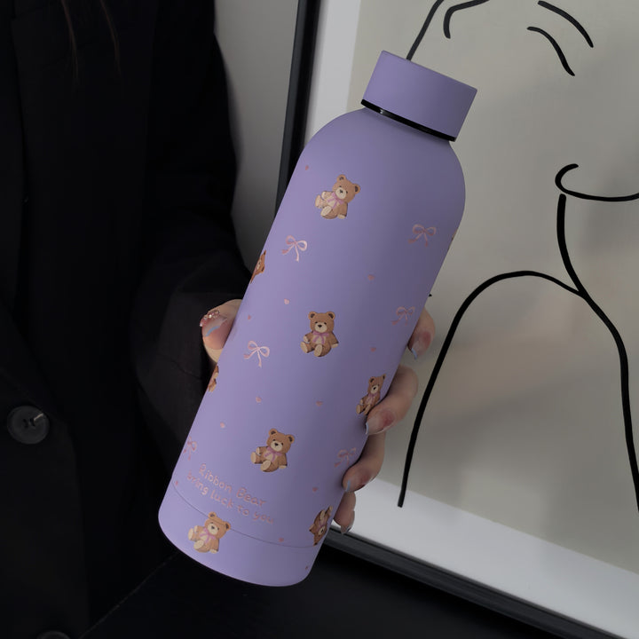 [Reusable Stainless Steel Coffee Mug] 1pc Ribbon Bear Series Stainless Steel Insulated Tumbler, 17oz/500ml, Double-Wall Vacuum Bottle for Hot & Cold Drinks, Travel & Gym Cup, Coffee Mug, Car Cup, All-Season Beverage Container, Reusable, Hand Wash Only