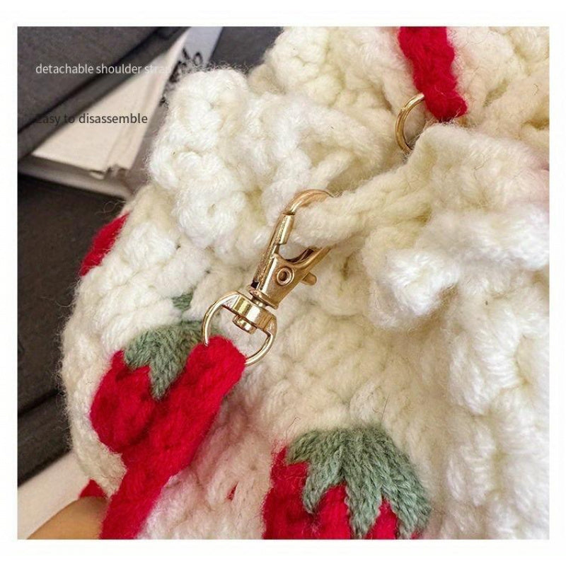 Handmade Strawberry Cake Knit Bucket Bag – Red & White Crochet Shoulder Messenger Bag with Drawstring Closure, Sweet Design for Women