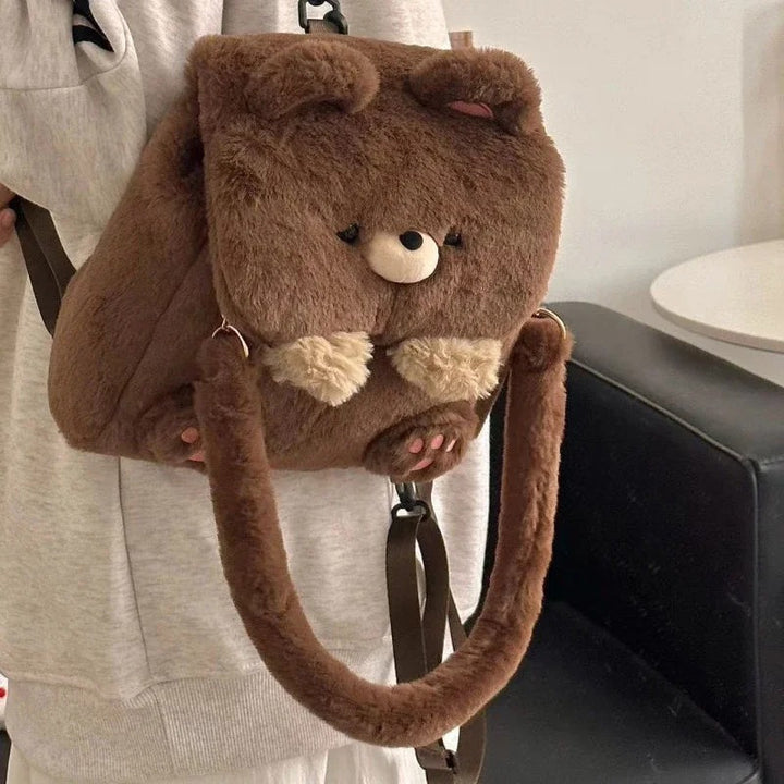[Large Capacity Teddy Bear Backpack] 1pc Adorable Cartoon Teddy Bear Backpack, Casual Style Faux Fur Large Capacity Storage Bag with Adjustable Straps, Lightweight Crossbody School Bookbag with Flap Closure and Snap Button Detail