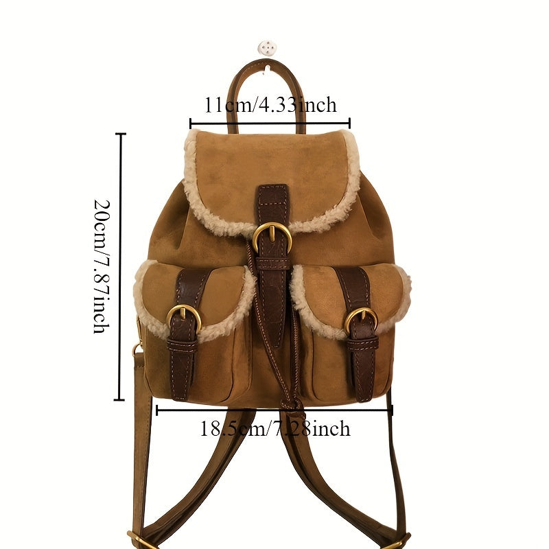 [Stylish Dual-Strap Handbag Autumn] Hailong Palace Elegant Daypack Backpack for Women - Casual Soft Shell Faux Fur Mini Back Bag with Utility Pocket, Buckle Closure, Light Brown Polyester Lining, Wipe Clean - Stylish Autumn/Winter Dual-Strap Handbag