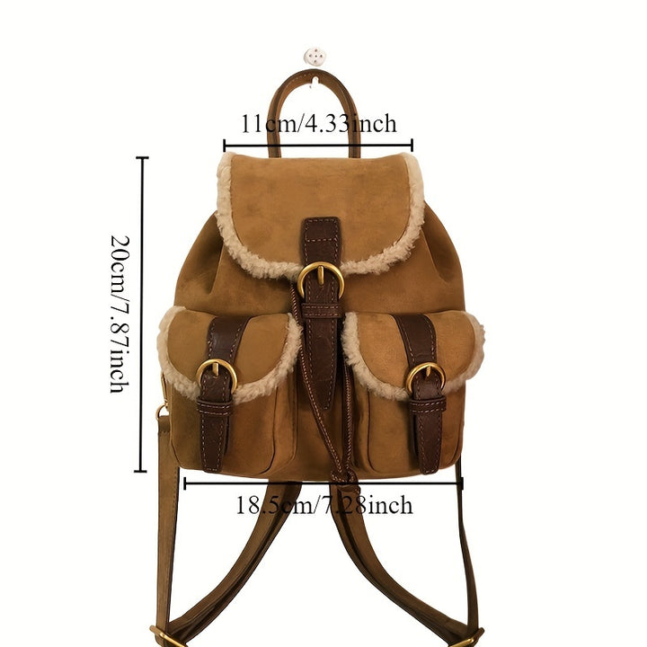 [Stylish Dual-Strap Handbag Autumn] Hailong Palace Elegant Daypack Backpack for Women - Casual Soft Shell Faux Fur Mini Back Bag with Utility Pocket, Buckle Closure, Light Brown Polyester Lining, Wipe Clean - Stylish Autumn/Winter Dual-Strap Handbag