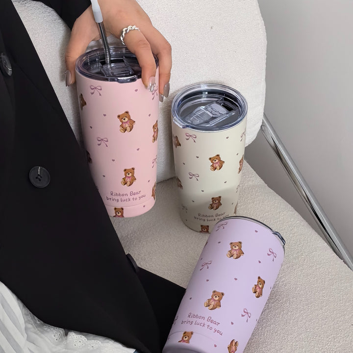 Cute Bow Bear 20Oz Stainless Steel Insulated Tumbler - Durable, Reusable, Multi-Purpose Travel Mug for Hot and Cold Beverages, Perfect for Camping, Outdoor Adventures, and Thoughtful Gifts - Straw Not Included