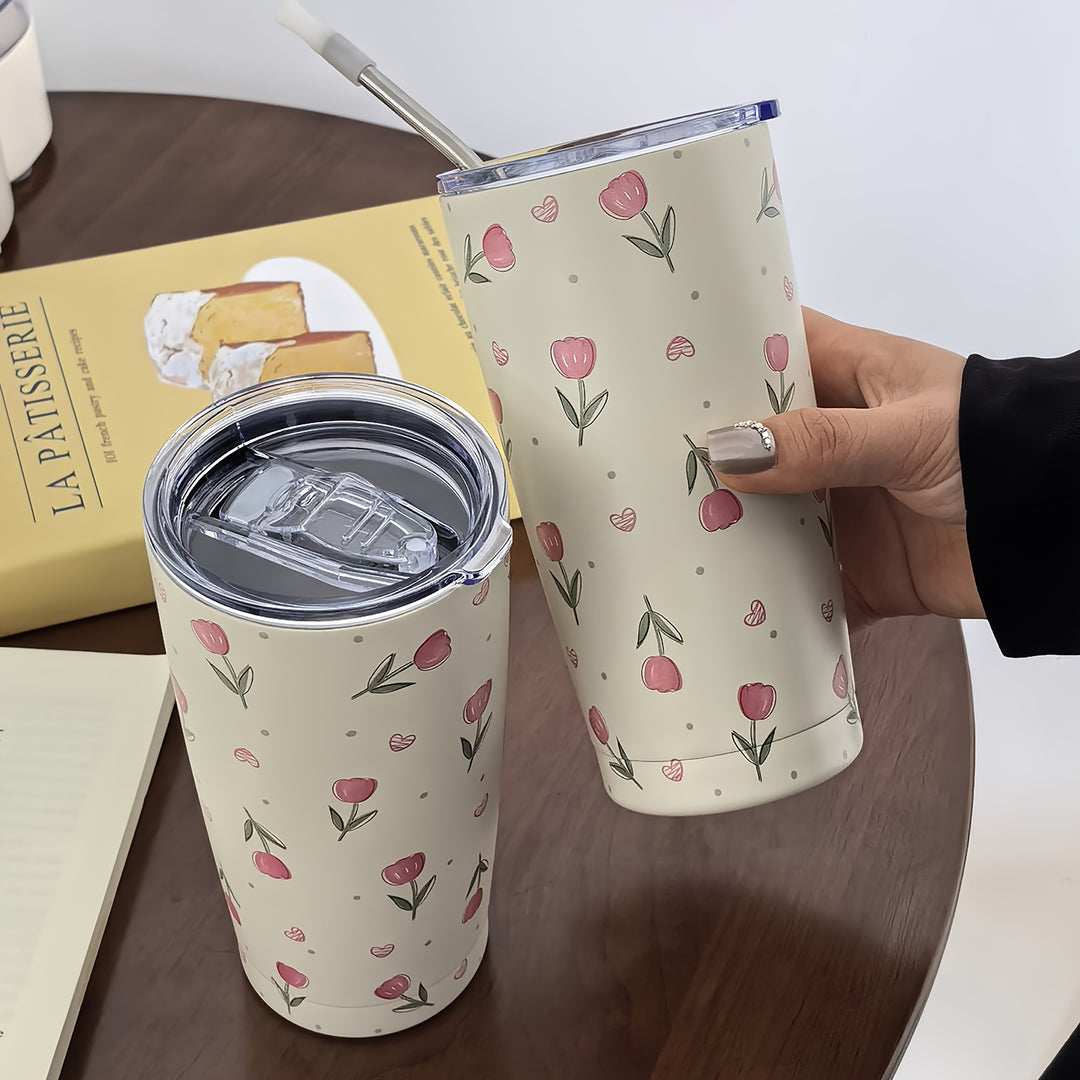 1pc, Tulip Pattern Water Bottle, 600ml/20.29oz Stainless Steel Insulated Water Cups, Summer Winter Drinkware, Travel Accessories, Gifts