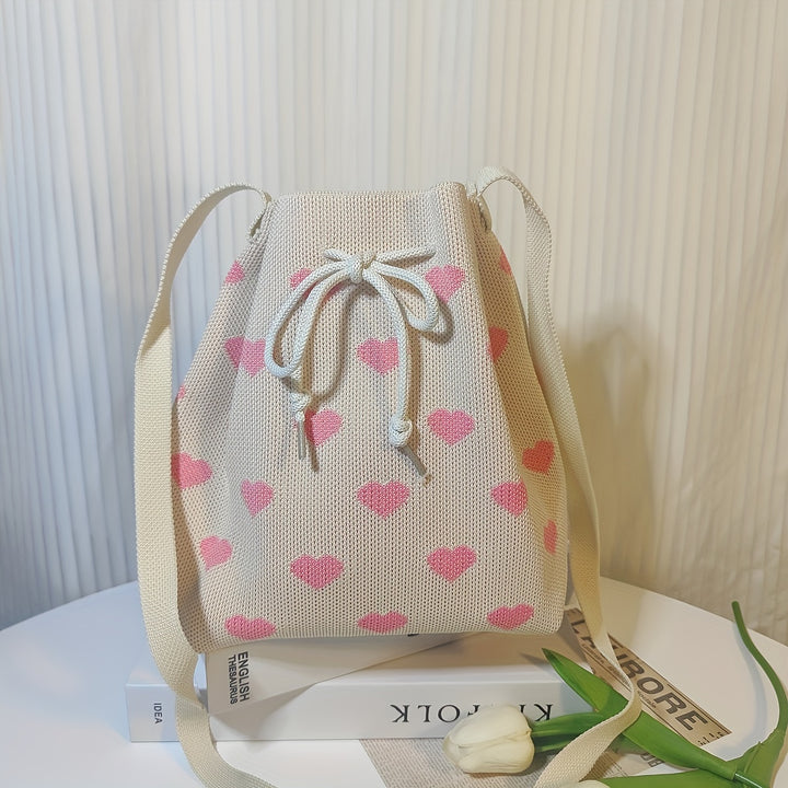 Simple Heart Shaped Pattern Bucket Bag, Drawstring All-Match Handbag for Women, Classic Women's Bag