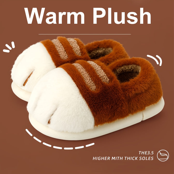 [Warm Cartoon Cat Paw Slippers] Winter Cartoon Cat Paw Style Women's Slippers for Home Warmth Men's Plush Flat Shoes