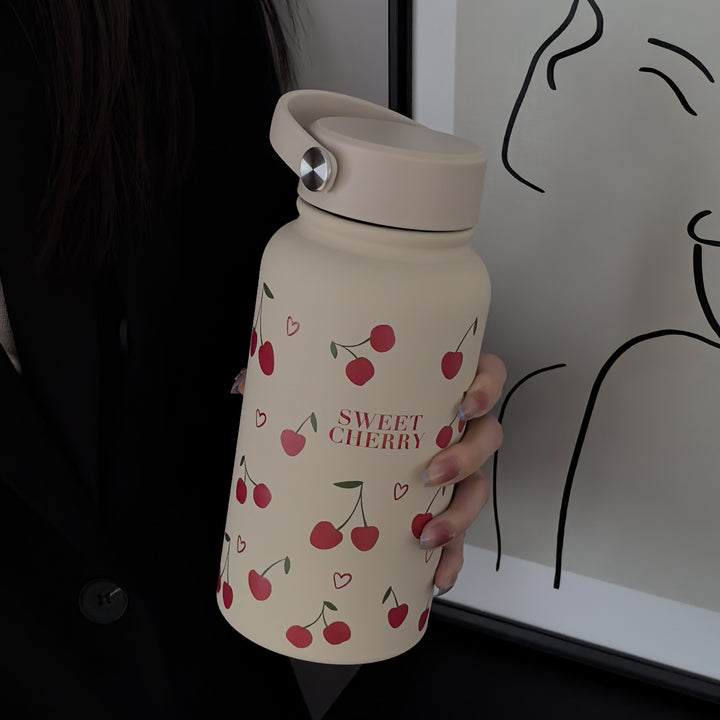[22oz Insulated Cherry Heart Bottle] 22oz Cherry Heart Series Sports Water Bottle with Handle, Double-Wall 304 Stainless Steel Insulated Flask for Cold Drinks, Thermal Coffee Bottle, Camping To-Go Cup, Soft-Touch Silicone Paint, Ideal for Birthdays, Back