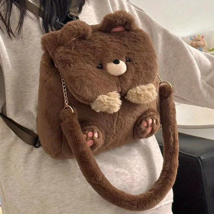 [Large Capacity Teddy Bear Backpack] 1pc Adorable Cartoon Teddy Bear Backpack, Casual Style Faux Fur Large Capacity Storage Bag with Adjustable Straps, Lightweight Crossbody School Bookbag with Flap Closure and Snap Button Detail