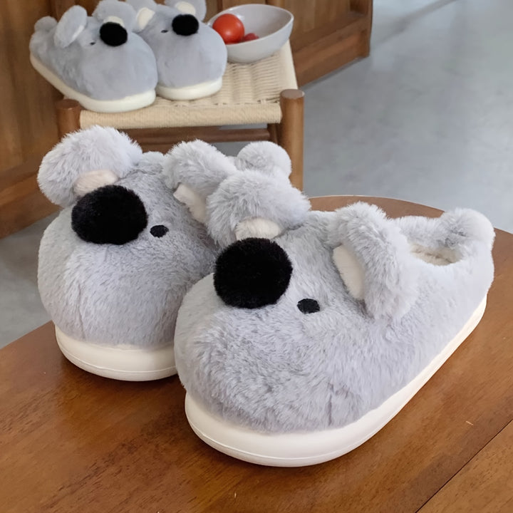 Cute Koala Plush Slippers for Women - Winter Casual Indoor Non-Slip Fabric Slippers with EVA Sole, Hand Washable, Cartoon Pattern, Warm Home Shoes for Couples