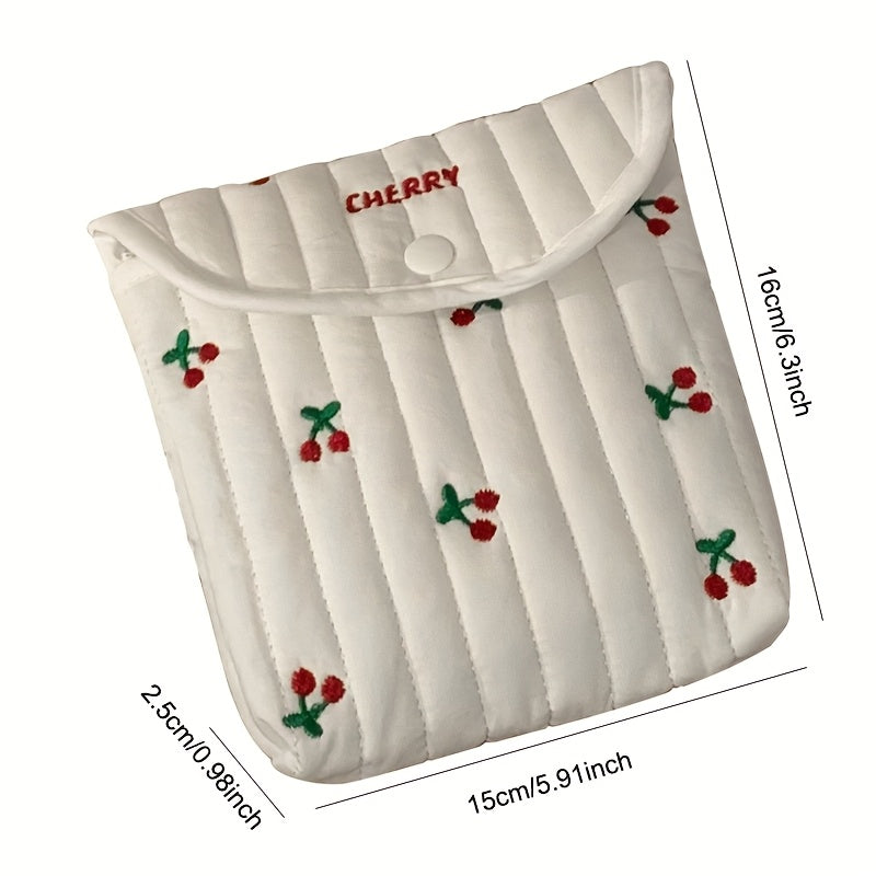 Cherry Quilted Sanitary Napkin Storage Bag – Cute White Portable Mini Makeup Organizer with Cherry Embroidery, Polyester Material for Women, Compact and Stylish