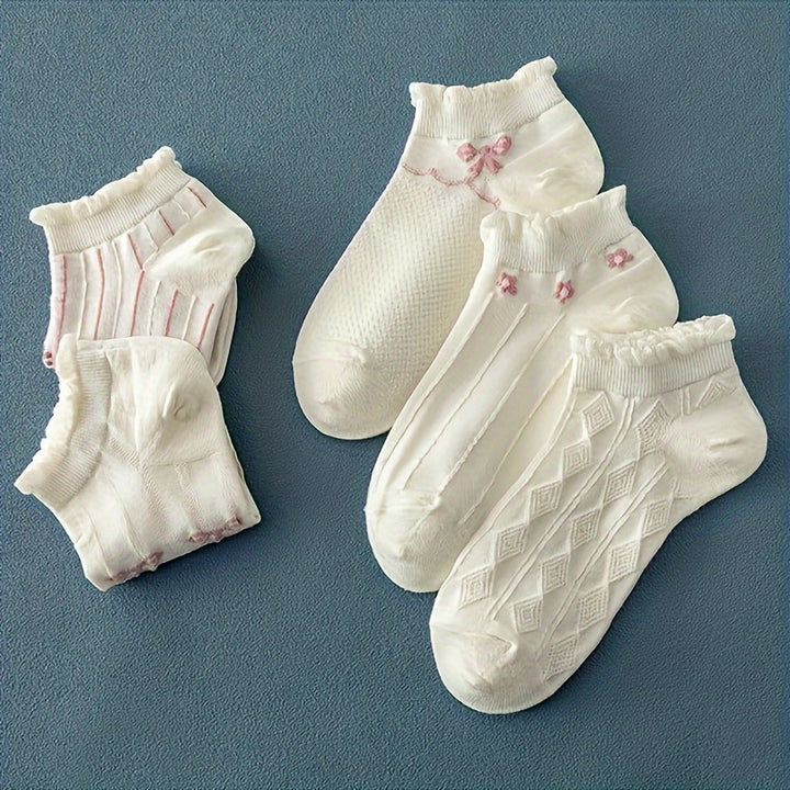 5 Pairs Women's Cute Bow & Floral Pattern Ankle Socks - Breathable Polyester Blend, Ruffled Detail, Machine Washable, Cozy Casual Attire|Ruffled Sock Edges|Polyester Spandex Blend, Cute Socks