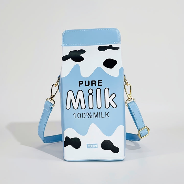 Strawberry Milk Carton Crossbody Bag - Cute Pink PU Shoulder Bag with Adjustable Strap, Zipper Closure, and Playful Cow Print Design for Travel & Everyday Use, Cow Print Purse