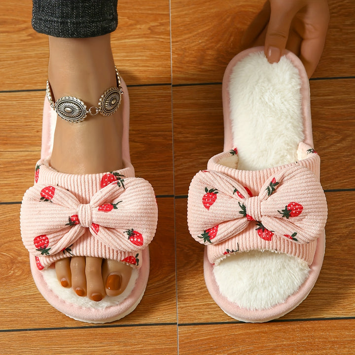 Lightweight Cute Strawberry Bowknot Home Slippers, Non-slip Floor Mute Plush Lined Warm Shoes