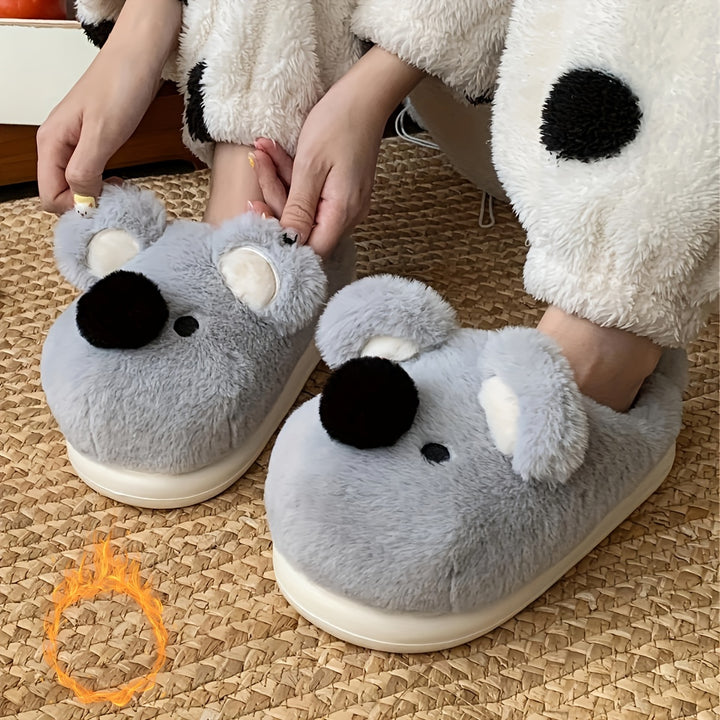 Cute Koala Plush Slippers for Women - Winter Casual Indoor Non-Slip Fabric Slippers with EVA Sole, Hand Washable, Cartoon Pattern, Warm Home Shoes for Couples