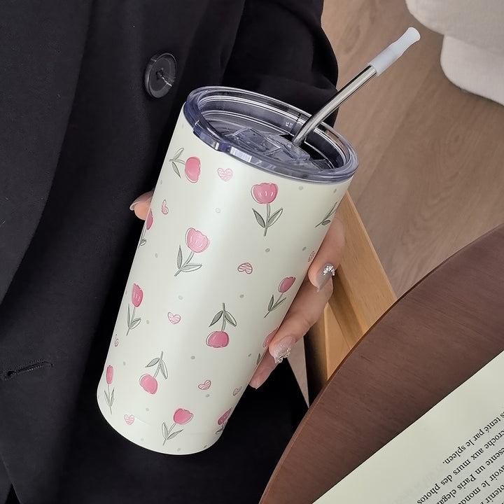 1pc, Tulip Pattern Water Bottle, 600ml/20.29oz Stainless Steel Insulated Water Cups, Summer Winter Drinkware, Travel Accessories, Gifts