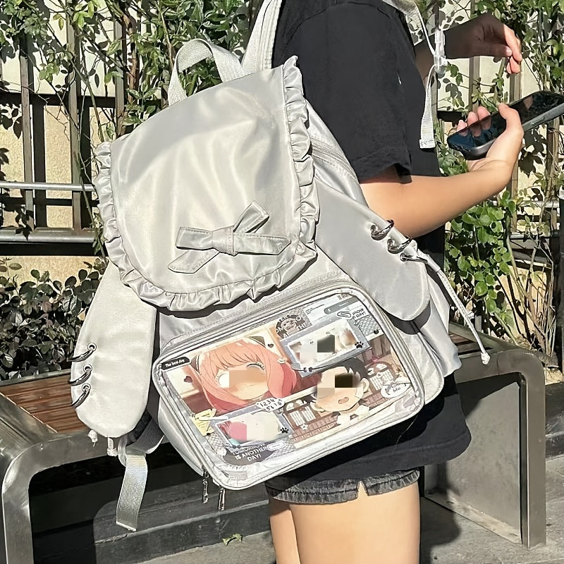 Cute Pink Ruffle Backpack with Plush Toy - Large Capacity Soft Shell Daypack for Casual Use, Nylon Material, Zipper Closure, Utility Pockets, Everyday Backpack|Ruffle Detail Backpack|Zippered Backpack