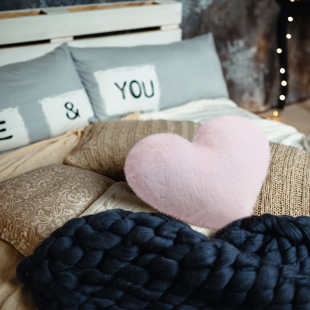 2pcs Plush Pink Heart Throw Pillows - 20x15.7" Soft Faux Bunny Fur, Fluffy & Cozy Decorative Cushions with Inserts for Bedroom Aesthetic - Hand Washable, Boho Style, Pillows for Bed