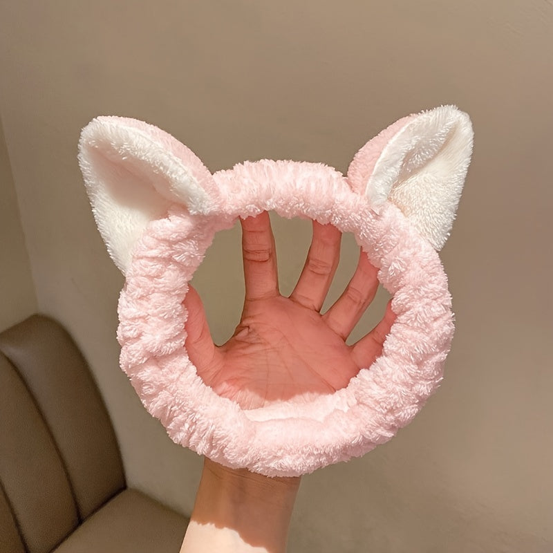 Coral Fleece Facial Spa Headband with Cat Ears - Comfortable and Stylish Skincare Headband for Washing Face and Makeup