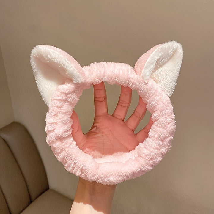 Coral Fleece Facial Spa Headband with Cat Ears - Comfortable and Stylish Skincare Headband for Washing Face and Makeup
