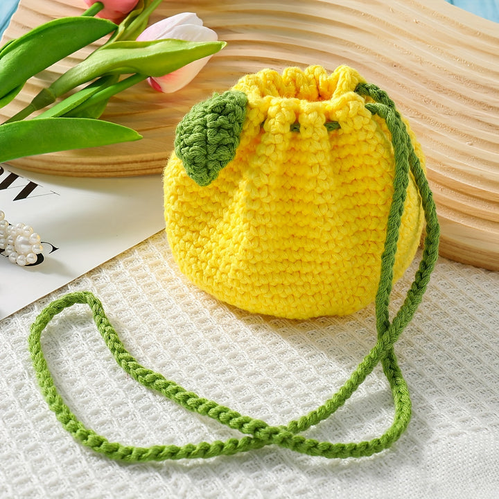 Handmade Crochet Pineapple Drawstring Pouch, Polyester Fiber Knitted Coin Purse with Leaf Accents