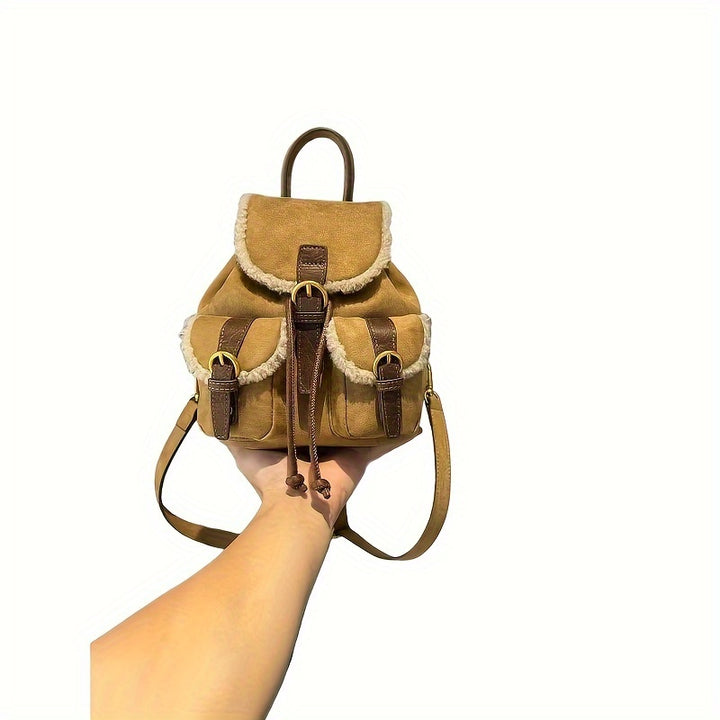 [Stylish Dual-Strap Handbag Autumn] Hailong Palace Elegant Daypack Backpack for Women - Casual Soft Shell Faux Fur Mini Back Bag with Utility Pocket, Buckle Closure, Light Brown Polyester Lining, Wipe Clean - Stylish Autumn/Winter Dual-Strap Handbag