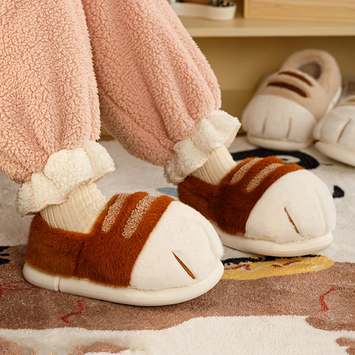 [Warm Cartoon Cat Paw Slippers] Winter Cartoon Cat Paw Style Women's Slippers for Home Warmth Men's Plush Flat Shoes