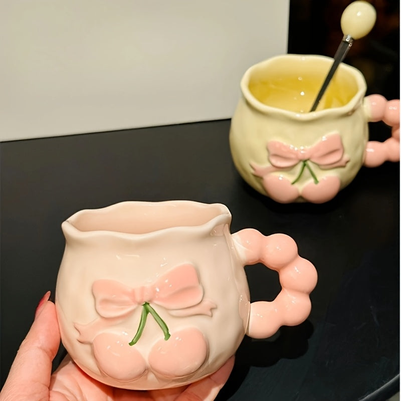 1pc Vintage Embossed Cherry Ceramic Mug with Spoon Pink Girl's Heart Office Coffee Cup, Suitable for Coffee, Juice, Beverage, Milk