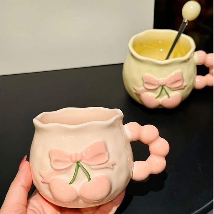 1pc Vintage Embossed Cherry Ceramic Mug with Spoon Pink Girl's Heart Office Coffee Cup, Suitable for Coffee, Juice, Beverage, Milk