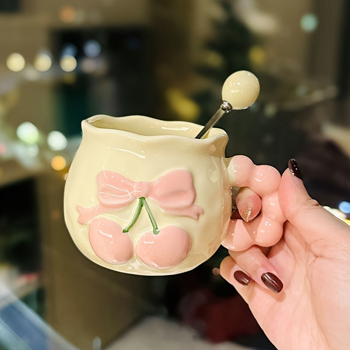 1pc Vintage Embossed Cherry Ceramic Mug with Spoon Pink Girl's Heart Office Coffee Cup, Suitable for Coffee, Juice, Beverage, Milk
