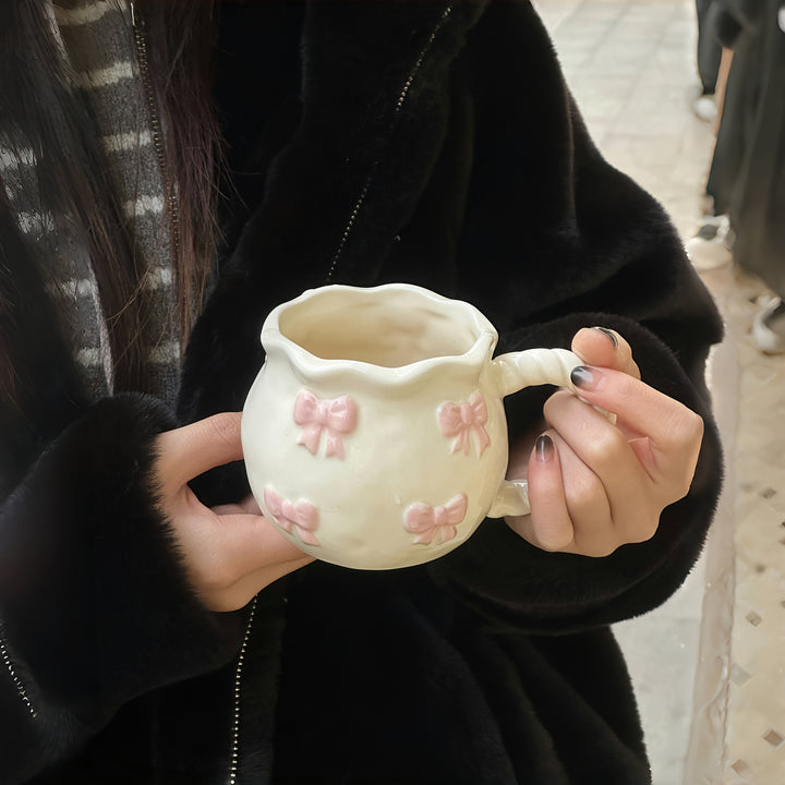 1pc Cute Pink Bow Mug – Embossed Design, Insulated Coffee Cup for Breakfast, Milk, or Tea, Reusable & Dishwasher Safe, Perfect for Holiday Gifting, Breakfast Coffee Mug | Whimsical Mug Design | Dishwasher Safe Mug, Coffee Accessories