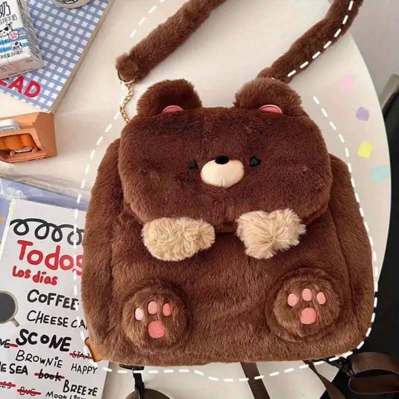 [Large Capacity Teddy Bear Backpack] 1pc Adorable Cartoon Teddy Bear Backpack, Casual Style Faux Fur Large Capacity Storage Bag with Adjustable Straps, Lightweight Crossbody School Bookbag with Flap Closure and Snap Button Detail
