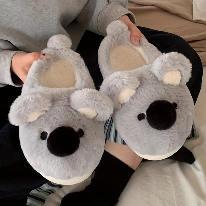 Cute Koala Plush Slippers for Women - Winter Casual Indoor Non-Slip Fabric Slippers with EVA Sole, Hand Washable, Cartoon Pattern, Warm Home Shoes for Couples