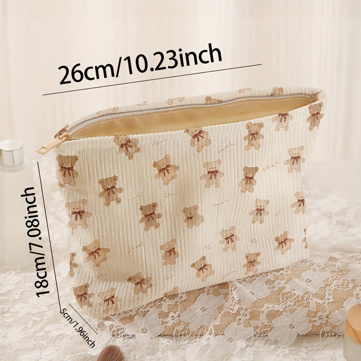 Cute Bear Print Corduroy Zipper Cosmetic Bag, Lightweight Makeup Organizer with Lined Interior, Multi-functional Toiletry Pouch, Polyester Unscented Random Print