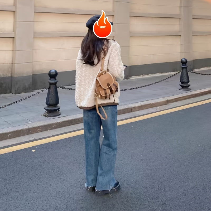 [Stylish Dual-Strap Handbag Autumn] Hailong Palace Elegant Daypack Backpack for Women - Casual Soft Shell Faux Fur Mini Back Bag with Utility Pocket, Buckle Closure, Light Brown Polyester Lining, Wipe Clean - Stylish Autumn/Winter Dual-Strap Handbag