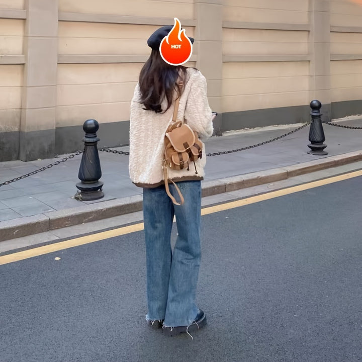 [Stylish Dual-Strap Handbag Autumn] Hailong Palace Elegant Daypack Backpack for Women - Casual Soft Shell Faux Fur Mini Back Bag with Utility Pocket, Buckle Closure, Light Brown Polyester Lining, Wipe Clean - Stylish Autumn/Winter Dual-Strap Handbag