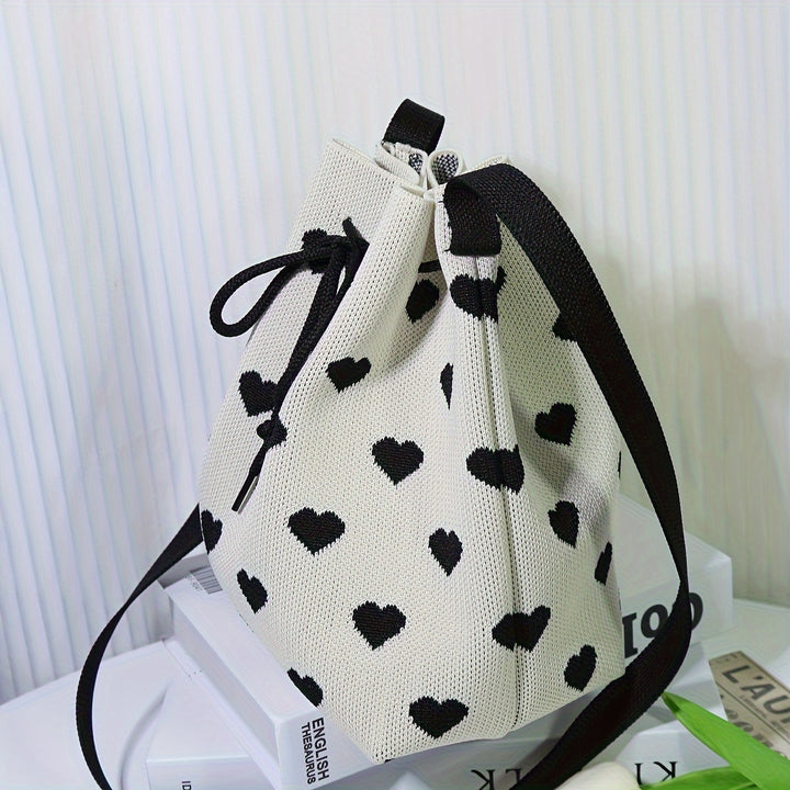 Simple Heart Shaped Pattern Bucket Bag, Drawstring All-Match Handbag for Women, Classic Women's Bag