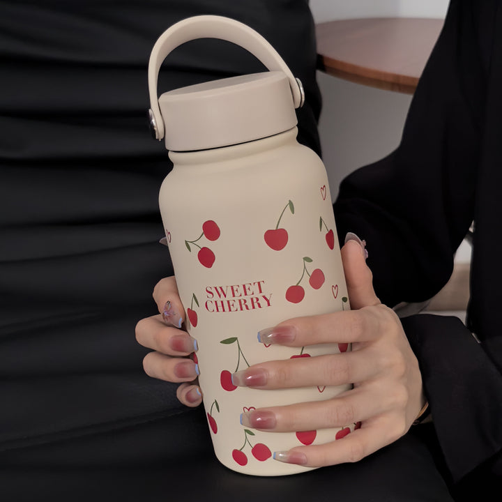 [22oz Insulated Cherry Heart Bottle] 22oz Cherry Heart Series Sports Water Bottle with Handle, Double-Wall 304 Stainless Steel Insulated Flask for Cold Drinks, Thermal Coffee Bottle, Camping To-Go Cup, Soft-Touch Silicone Paint, Ideal for Birthdays, Back