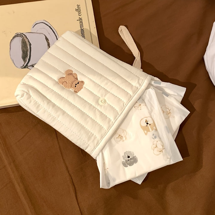 Cherry Quilted Sanitary Napkin Storage Bag – Cute White Portable Mini Makeup Organizer with Cherry Embroidery, Polyester Material for Women, Compact and Stylish