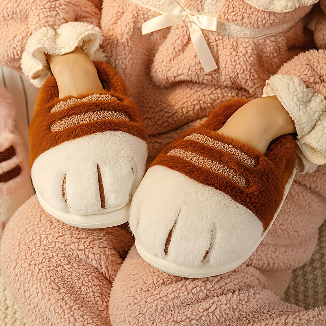 [Warm Cartoon Cat Paw Slippers] Winter Cartoon Cat Paw Style Women's Slippers for Home Warmth Men's Plush Flat Shoes