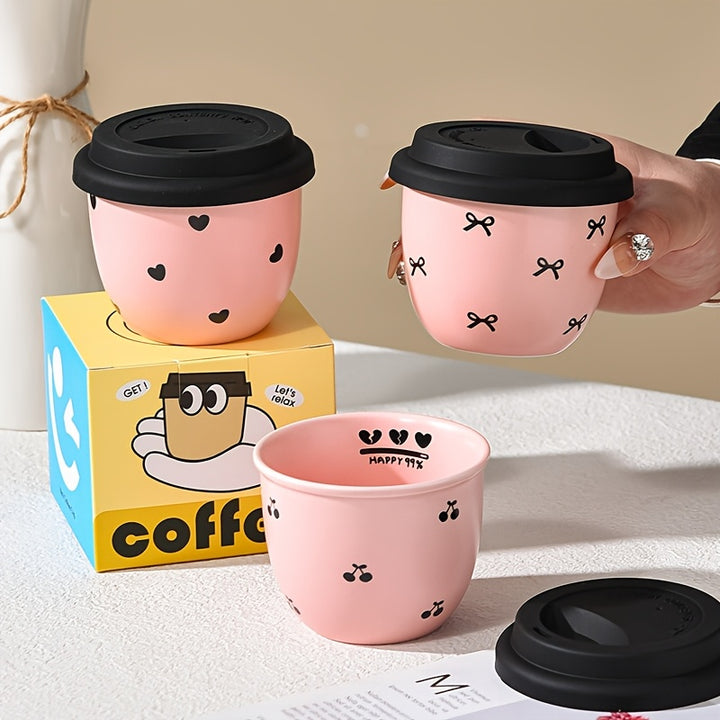 1pc High Beauty Pink 245Ml/8.29Oz Ceramic Coffee Cup with Lid. Bow Shaped Love Cherry Hand Cup, Afternoon Tea, Very Suitable for Mini Coffee, Coffee Lovers Gift, Valentine'S Day Gift, Sisters Gift, Mother Gift, Birthday Gift, Wedding Gift