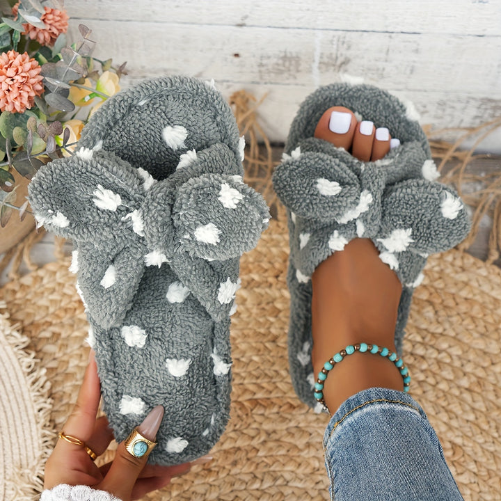 [Soft, Warm] Women's Plush Slippers with Polka Dot Bow - Soft, Warm, Non-Slip Indoor Footwear for Home Comfort in Spring & Autumn