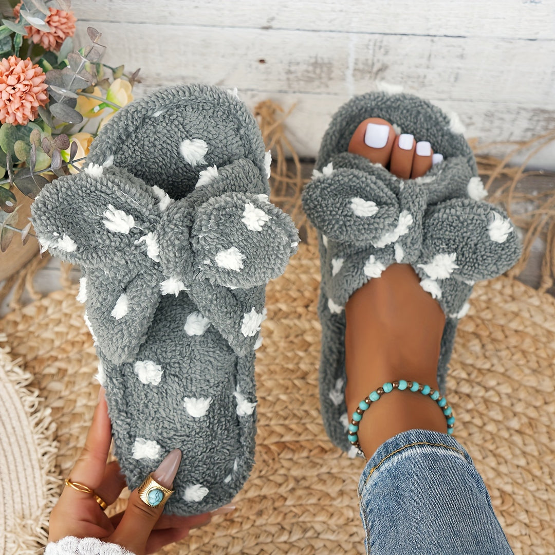 [Soft, Warm] Women's Plush Slippers with Polka Dot Bow - Soft, Warm, Non-Slip Indoor Footwear for Home Comfort in Spring & Autumn