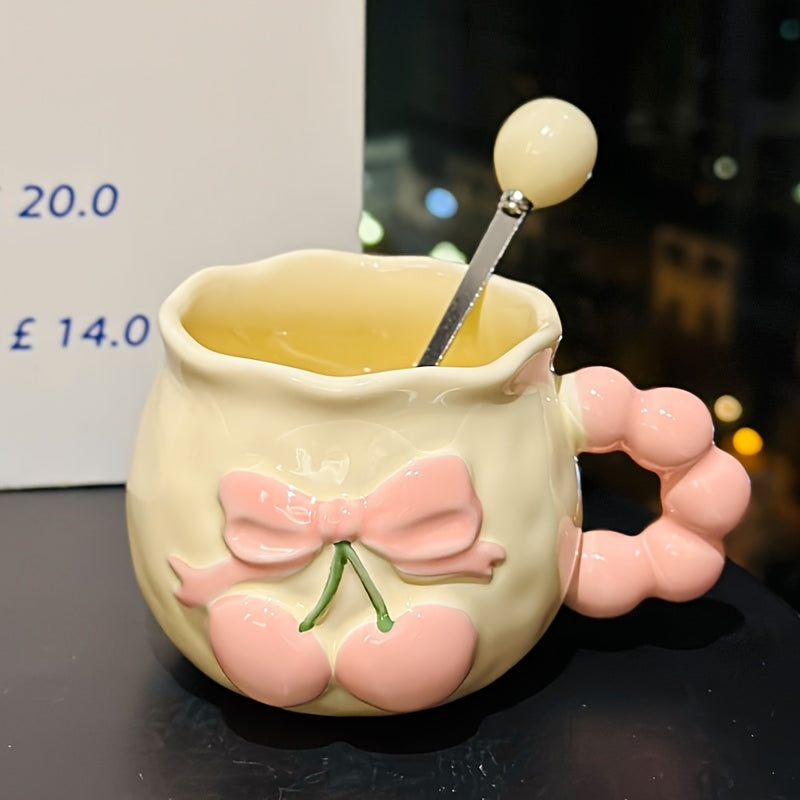 1pc Vintage Embossed Cherry Ceramic Mug with Spoon Pink Girl's Heart Office Coffee Cup, Suitable for Coffee, Juice, Beverage, Milk
