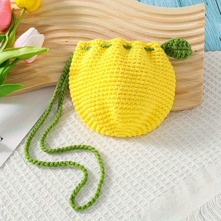 Handmade Crochet Pineapple Drawstring Pouch, Polyester Fiber Knitted Coin Purse with Leaf Accents